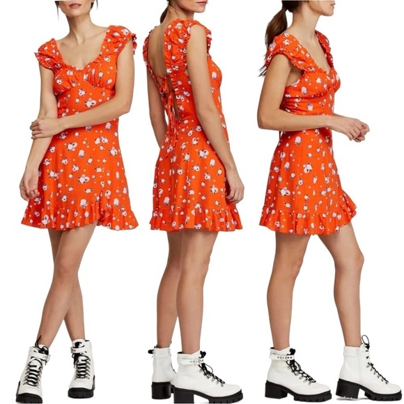 Free People Like A Lady Linen Mini Dress in Orange  Medium Fruit Ruffles Picnic - Picture 4 of 17